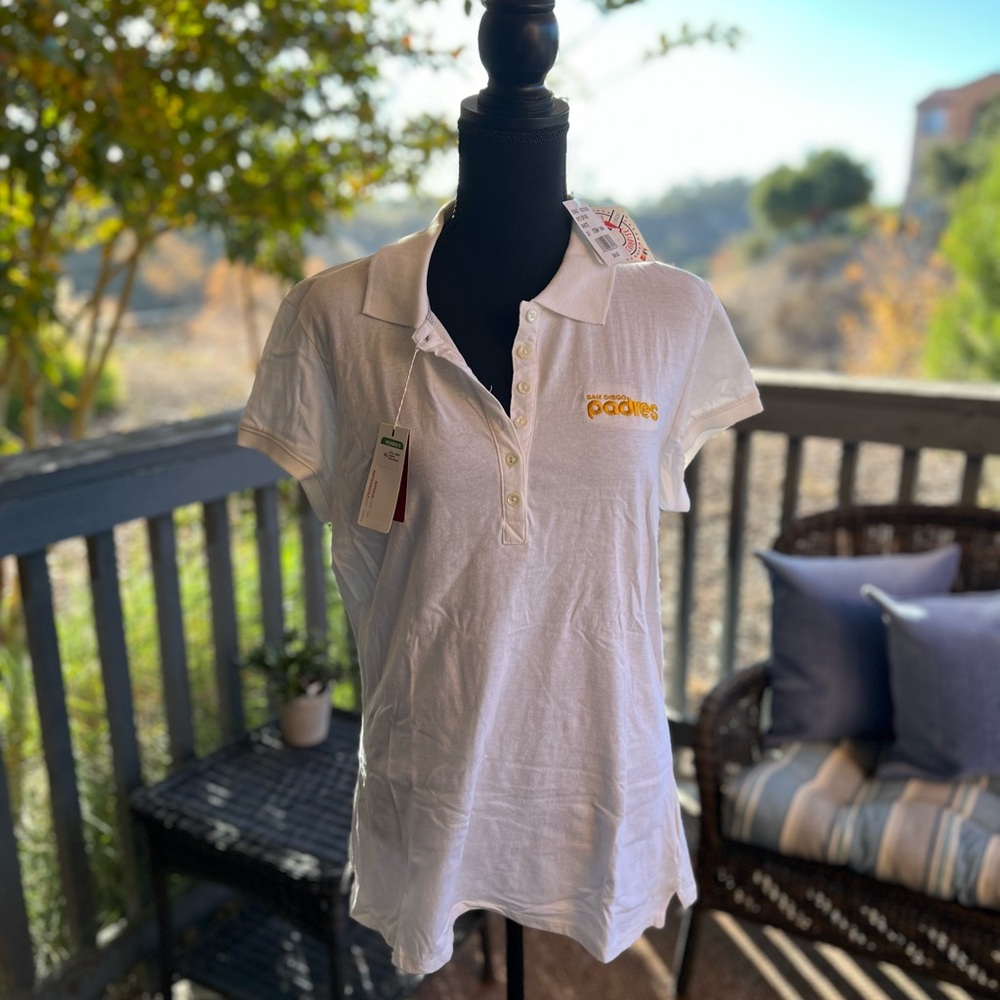 SAN DIEGO PADRES Women’s White w/ Gold Stitching Golf Shirt by ANTIGUA